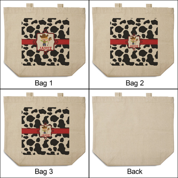 Cowprint w/Cowboy 3 Reusable Cotton Grocery Bags - Front & Back View