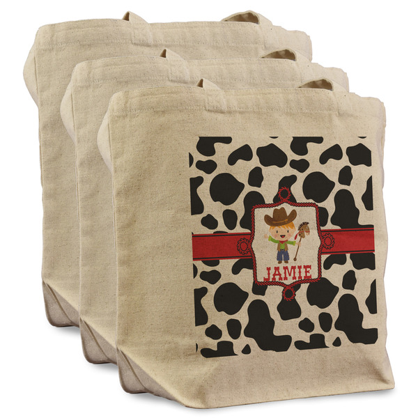 Custom Cowprint w/Cowboy Reusable Cotton Grocery Bags - Set of 3 (Personalized)
