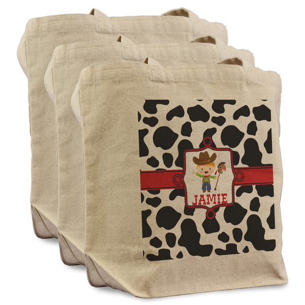 Cowprint w/Cowboy 3 Reusable Cotton Grocery Bags - Front View