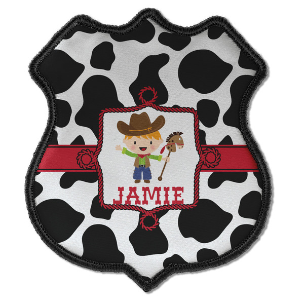 Custom Cowprint w/Cowboy Iron On Shield Patch C w/ Name or Text