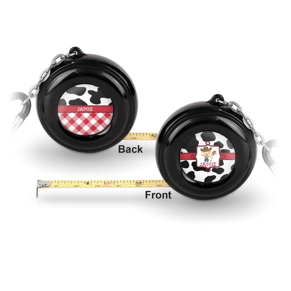 Cowprint w/Cowboy 6-Ft Pocket Tape Measure with Carabiner Hook - Front and Back