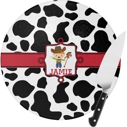 Cowprint w/Cowboy Round Glass Cutting Board - Small (Personalized)