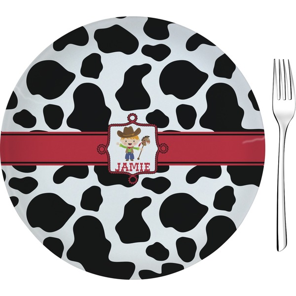 Custom Cowprint w/Cowboy Glass Appetizer / Dessert Plate 8" (Personalized)