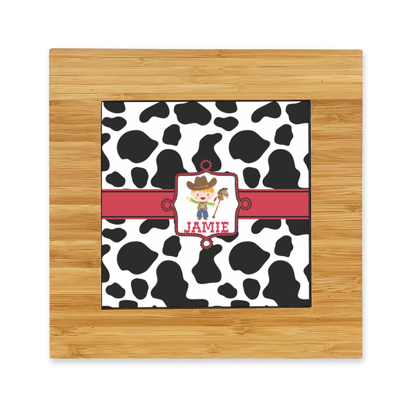 Custom Cowprint w/Cowboy Bamboo Trivet with Ceramic Tile Insert (Personalized)
