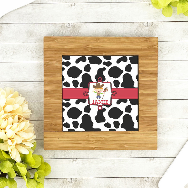 Cowprint w/Cowboy Bamboo Trivet with 6" Tile - LIFESTYLE