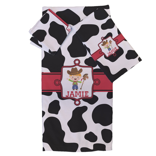 Custom Cowprint w/Cowboy Bath Towel Set - 3 Pcs (Personalized)