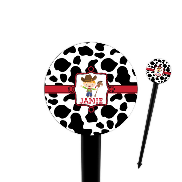 Custom Cowprint w/Cowboy 4" Round Plastic Food Picks - Black - Single Sided (Personalized)