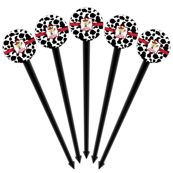 Cowprint w/Cowboy Black Plastic 4" Food Pick - Round - Fan View