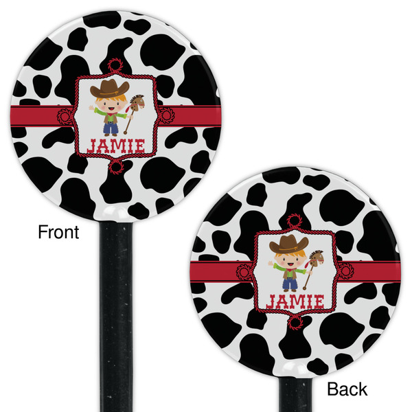 Cowprint w/Cowboy Black Plastic 5.5" Stir Stick - Double Sided - Round - Front & Back