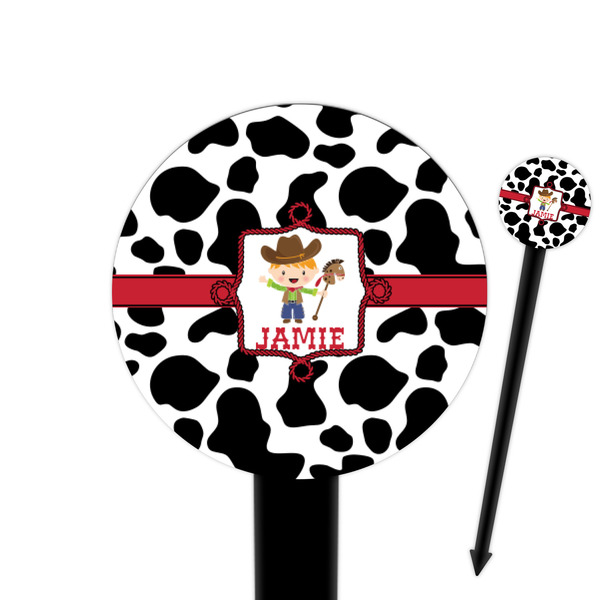 Custom Cowprint w/Cowboy 6" Round Plastic Food Picks - Black - Single Sided (Personalized)