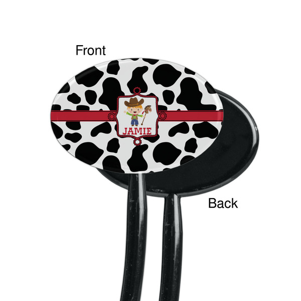 Cowprint w/Cowboy Black Plastic 7" Stir Stick - Single Sided - Oval - Front & Back