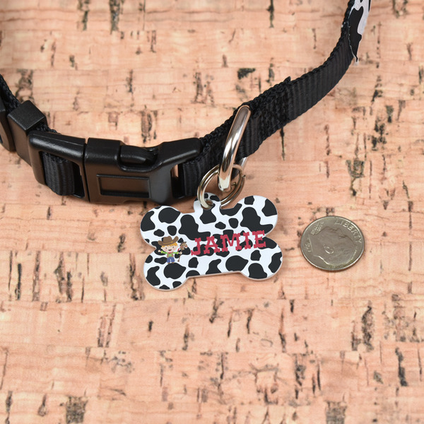 Cowprint w/Cowboy Bone Shaped Dog ID Tag - Small - In Context