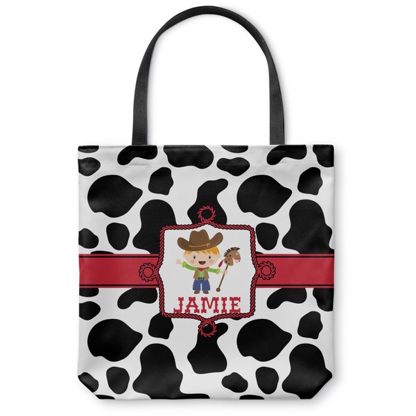 Custom Cowprint w/Cowboy Canvas Tote Bag - Small - 13"x13" (Personalized)