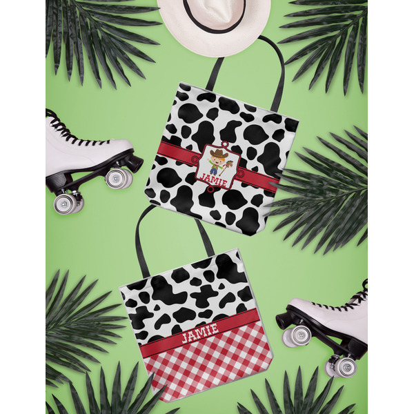 Cowprint w/Cowboy Canvas Tote Lifestyle Front and Back- 13x13