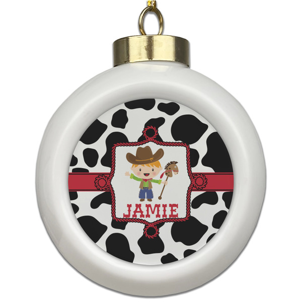 Custom Cowprint w/Cowboy Ceramic Ball Ornament (Personalized)