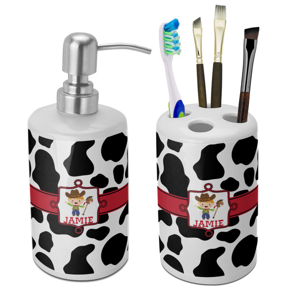 Custom Cowprint w/Cowboy Ceramic Bathroom Accessories Set (Personalized)
