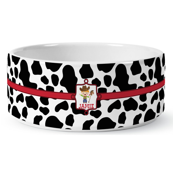 Cowprint w/Cowboy Ceramic Dog Bowl - Medium - Front