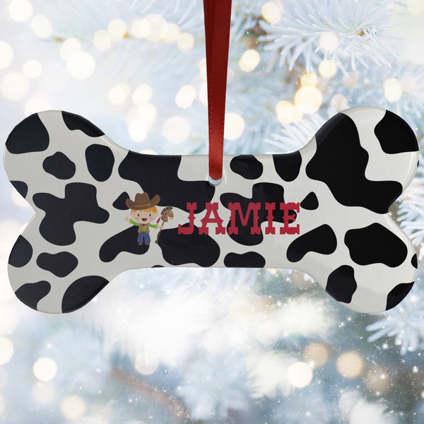 Custom Cowprint w/Cowboy Ceramic Dog Ornament w/ Name or Text