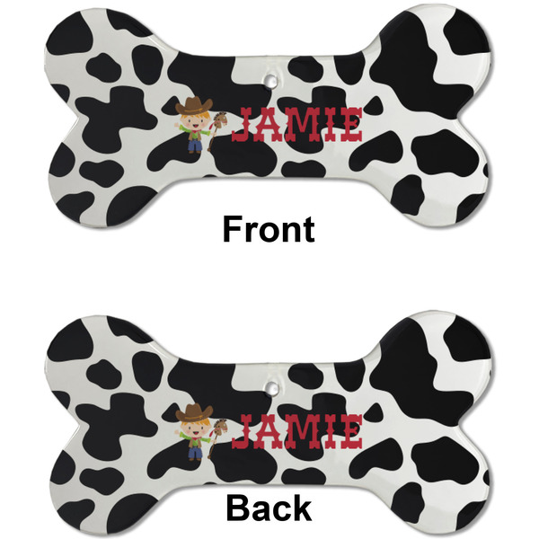 Cowprint w/Cowboy Ceramic Flat Ornament - Bone Front & Back (APPROVAL)