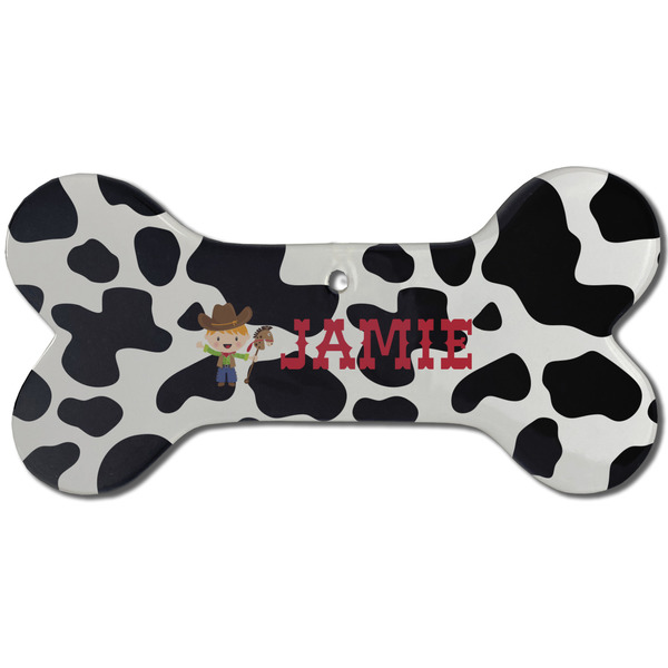 Cowprint w/Cowboy Ceramic Flat Ornament - Bone Front