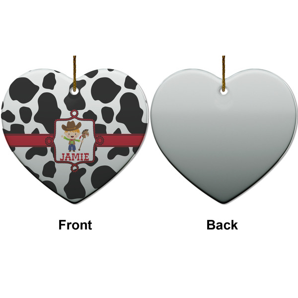 Cowprint w/Cowboy Ceramic Flat Ornament - Heart Front & Back (APPROVAL)