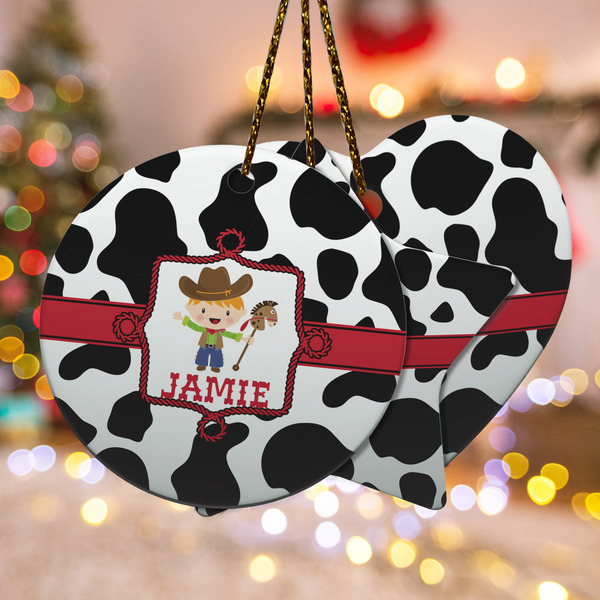 Custom Cowprint w/Cowboy Ceramic Ornament w/ Name or Text