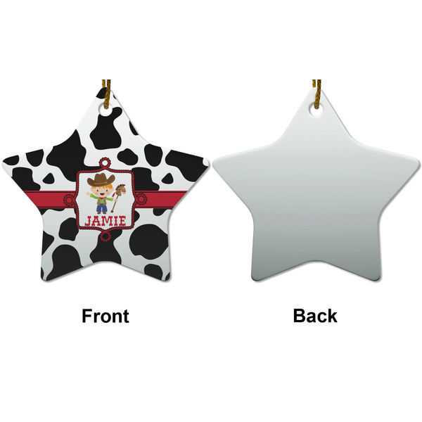 Cowprint w/Cowboy Ceramic Flat Ornament - Star Front & Back (APPROVAL)