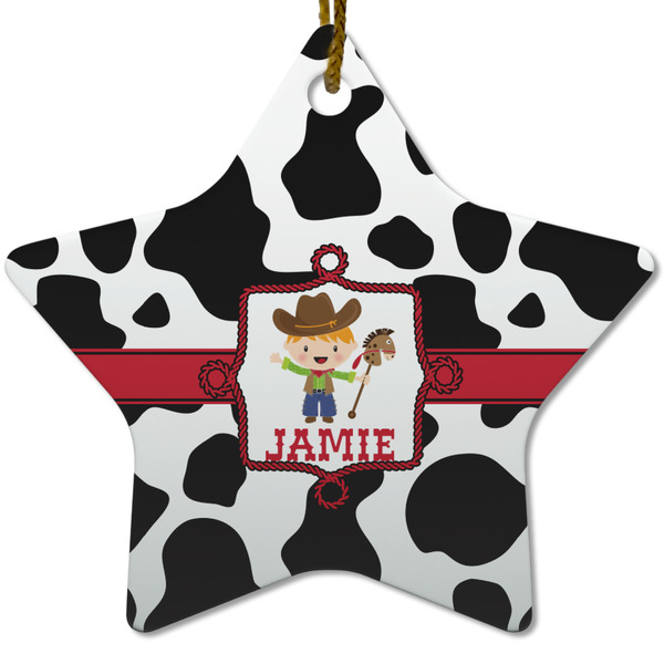 Cowprint w/Cowboy Ceramic Flat Ornament - Star (Front)