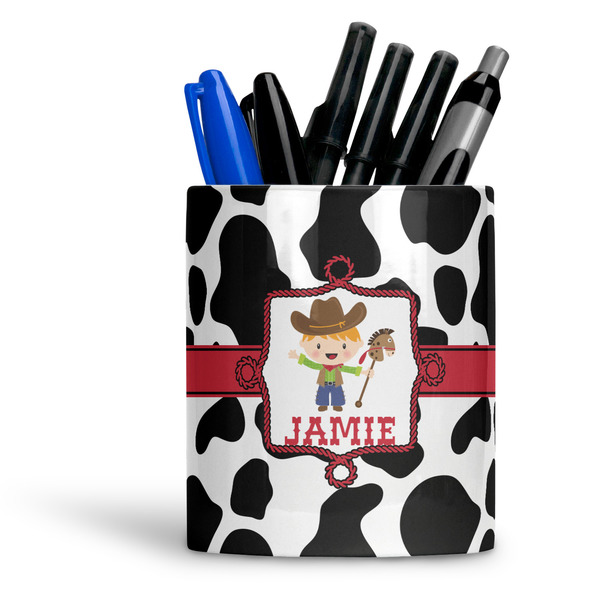 Custom Cowprint w/Cowboy Ceramic Pen Holder