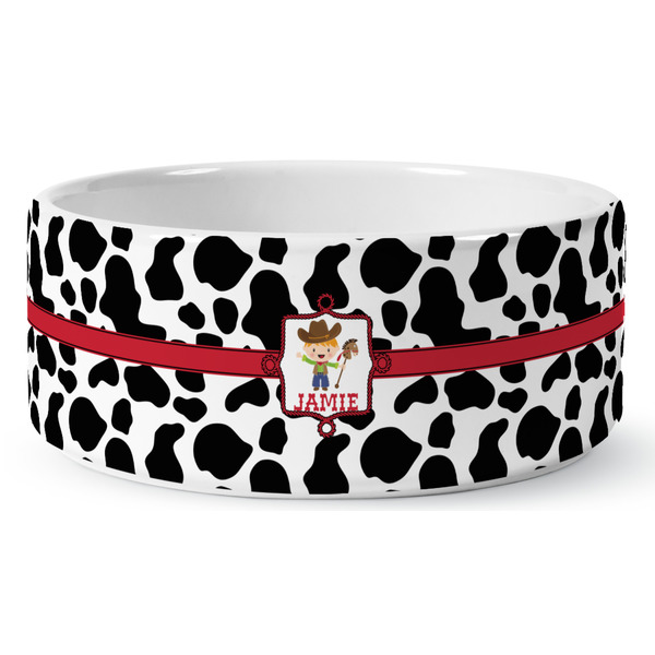 Custom Cowprint w/Cowboy Ceramic Dog Bowl - Medium (Personalized)