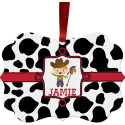 Cowprint w/Cowboy Metal Frame Ornament - Double Sided w/ Name or Text