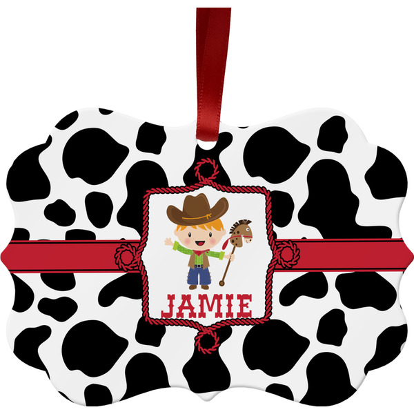 Custom Cowprint w/Cowboy Metal Frame Ornament - Double Sided w/ Name or Text
