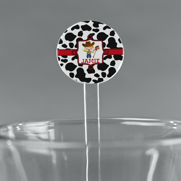 Custom Cowprint w/Cowboy 7" Round Plastic Stir Sticks - Clear (Personalized)
