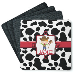 Cowprint w/Cowboy Square Rubber Backed Coasters - Set of 4 (Personalized)