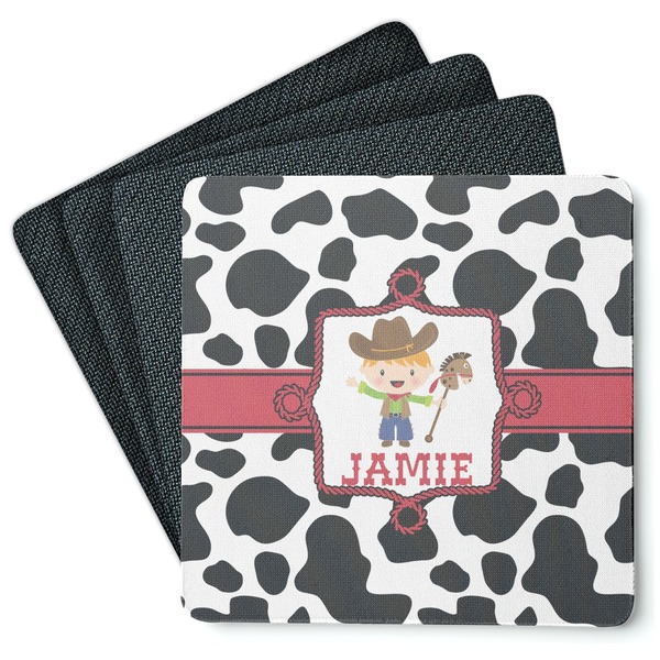 Custom Cowprint w/Cowboy Square Rubber Backed Coasters - Set of 4 (Personalized)