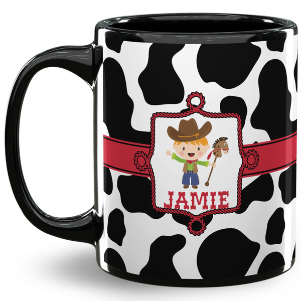 Custom Cowprint w/Cowboy 11 Oz Coffee Mug - Black (Personalized)