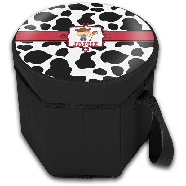 Cowprint w/Cowboy Collapsible Personalized Cooler & Seat (Closed)