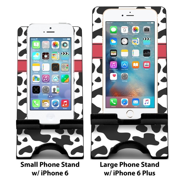 Cowprint w/Cowboy Compare Phone Stand Sizes - with iPhones