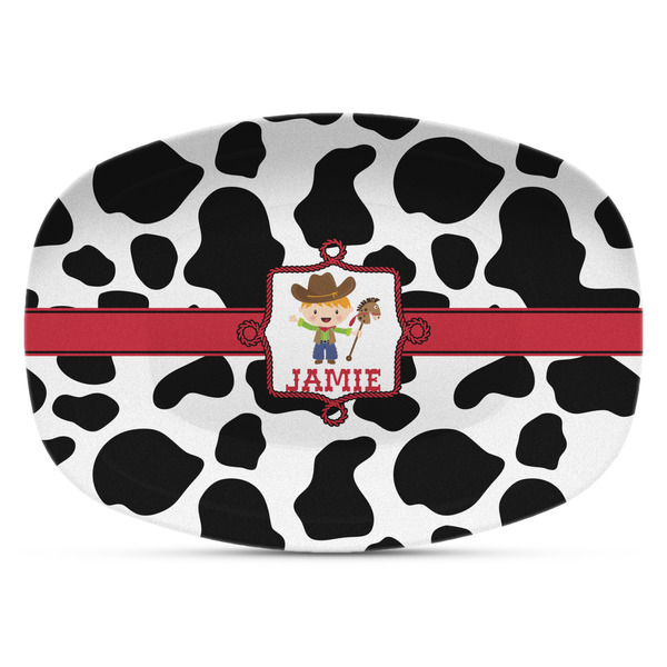 Custom Cowprint w/Cowboy Plastic Platter - Microwave & Oven Safe Composite Polymer (Personalized)