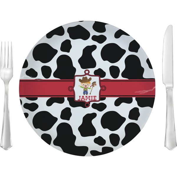 Custom Cowprint w/Cowboy 10" Glass Lunch / Dinner Plates - Single or Set (Personalized)