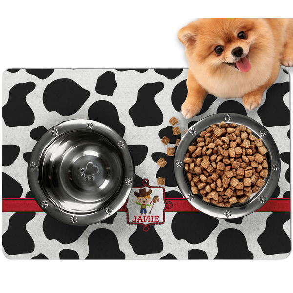 Custom Cowprint w/Cowboy Dog Food Mat - Small w/ Name or Text