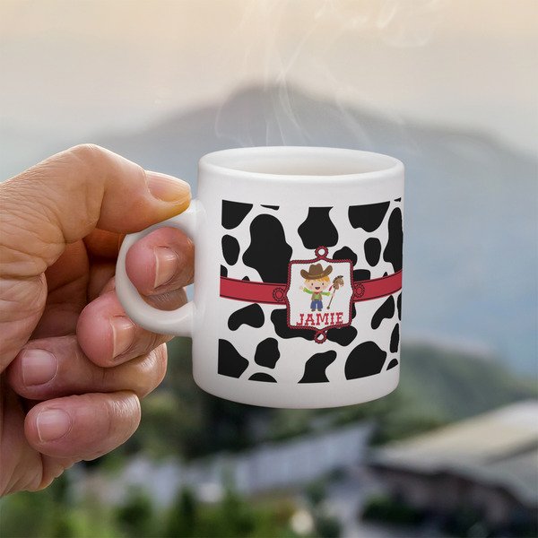 Cowprint w/Cowboy Espresso Cup - 3oz LIFESTYLE (new hand)