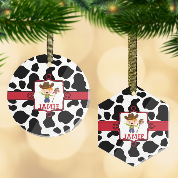 Custom Cowprint w/Cowboy Flat Glass Ornament w/ Name or Text