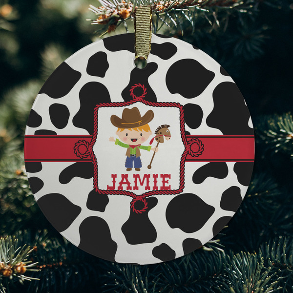 Cowprint w/Cowboy Frosted Glass Ornament - Round (Lifestyle)