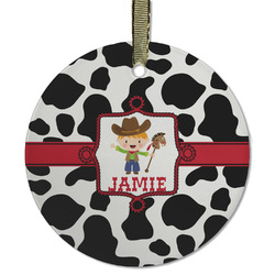 Cowprint w/Cowboy Flat Glass Ornament - Round w/ Name or Text
