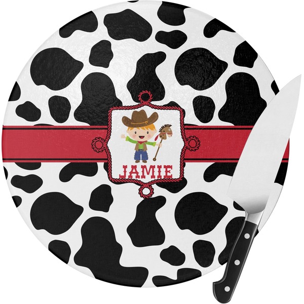 Custom Cowprint w/Cowboy Round Glass Cutting Board (Personalized)