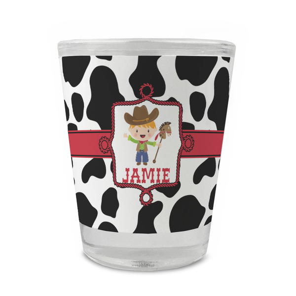 Custom Cowprint w/Cowboy Glass Shot Glass - 1.5 oz - Single (Personalized)
