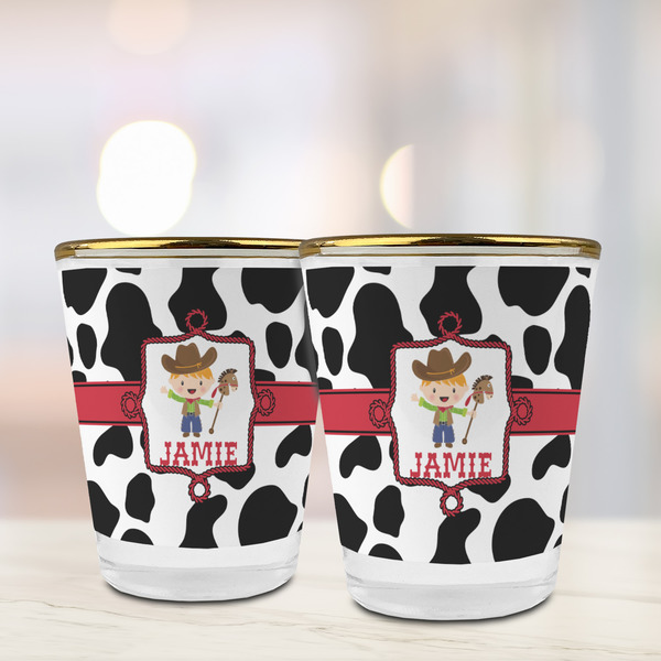 Cowprint w/Cowboy Glass Shot Glass - with gold rim - LIFESTYLE