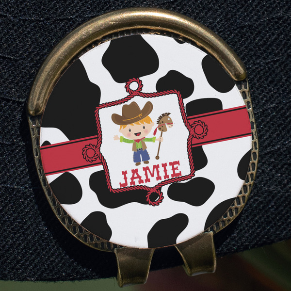 Cowprint w/Cowboy Golf Ball Marker Hat Clip - Gold - Close Up