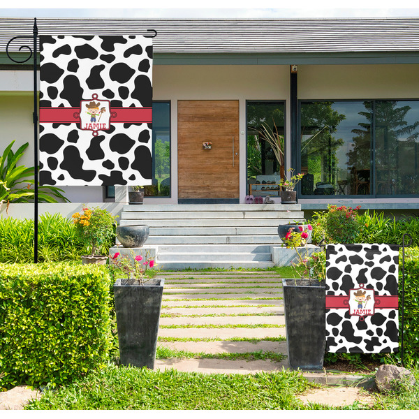 Custom Cowprint w/Cowboy Large Garden Flag - Double Sided (Personalized)